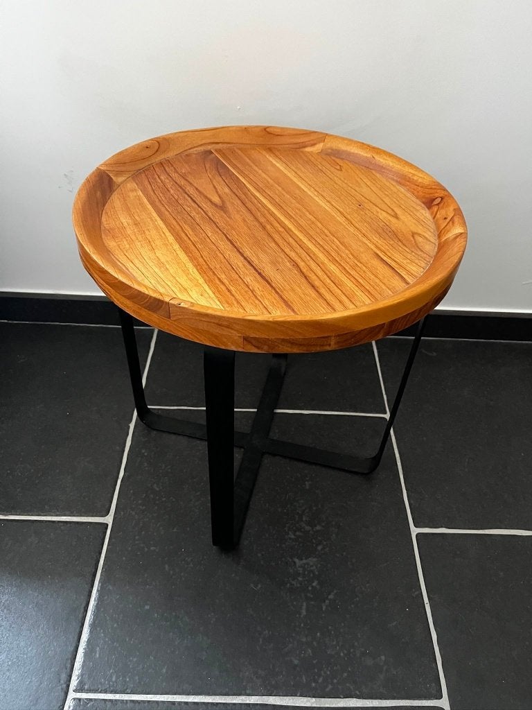 Rond houten bijzettafeltje, Huis en Inrichting, Tafels | Bijzettafels, Zo goed als nieuw, Rond, 45 tot 60 cm, Hout, Ophalen