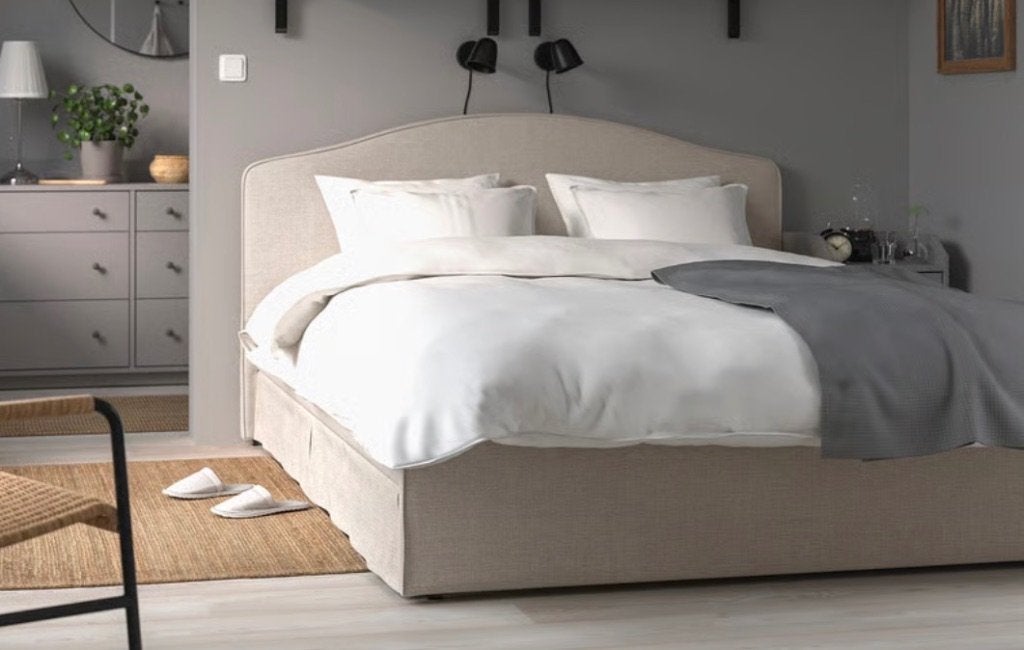 Lit IKEA RAMNEFJÄLL 160x200 cm – beige clair, Tissu, Beige, Comme neuf, Enlèvement
