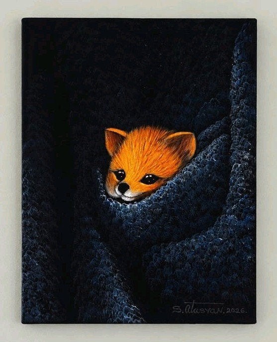 Schilderij verscholen vos in een blauwe deken, Maison & Meubles, Accessoires pour la Maison | Peintures, Dessins & Photos, Enlèvement