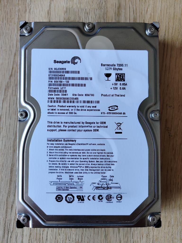 Disque Dur Seagate Barracuda 7200.11 1000 GB (1TB), Interne, Enlèvement, Utilisé, Seagate