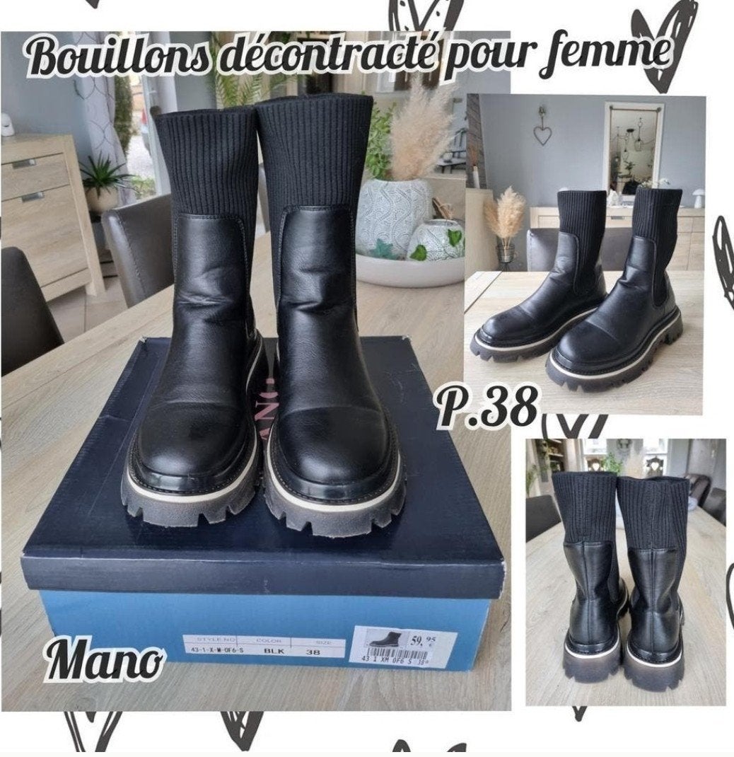 Botillons décontractés pour femme-noir-Mano-P.38, Enlèvement ou Envoi, Mano, Boots et Botinnes, Porté
