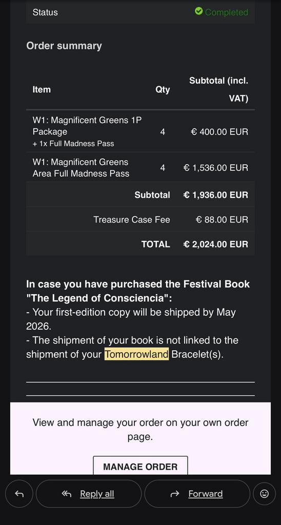 4x Tomorrowland W1 Full Madness Magnificent Green, Tickets & Billets