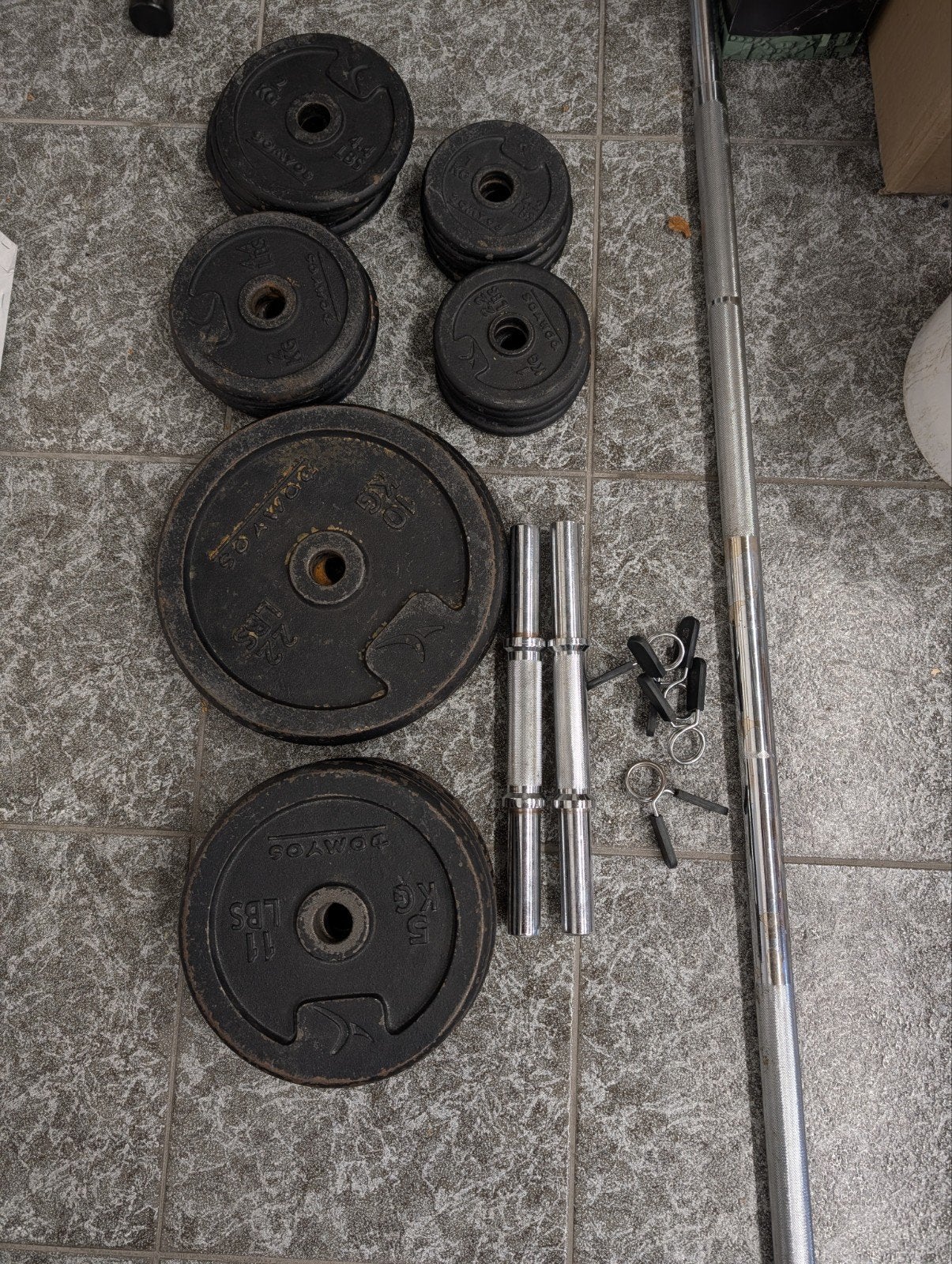 fitness gewichten 50+ kg gewichten, stang en handstuk, Ophalen, Gebruikt, Fitnessbank