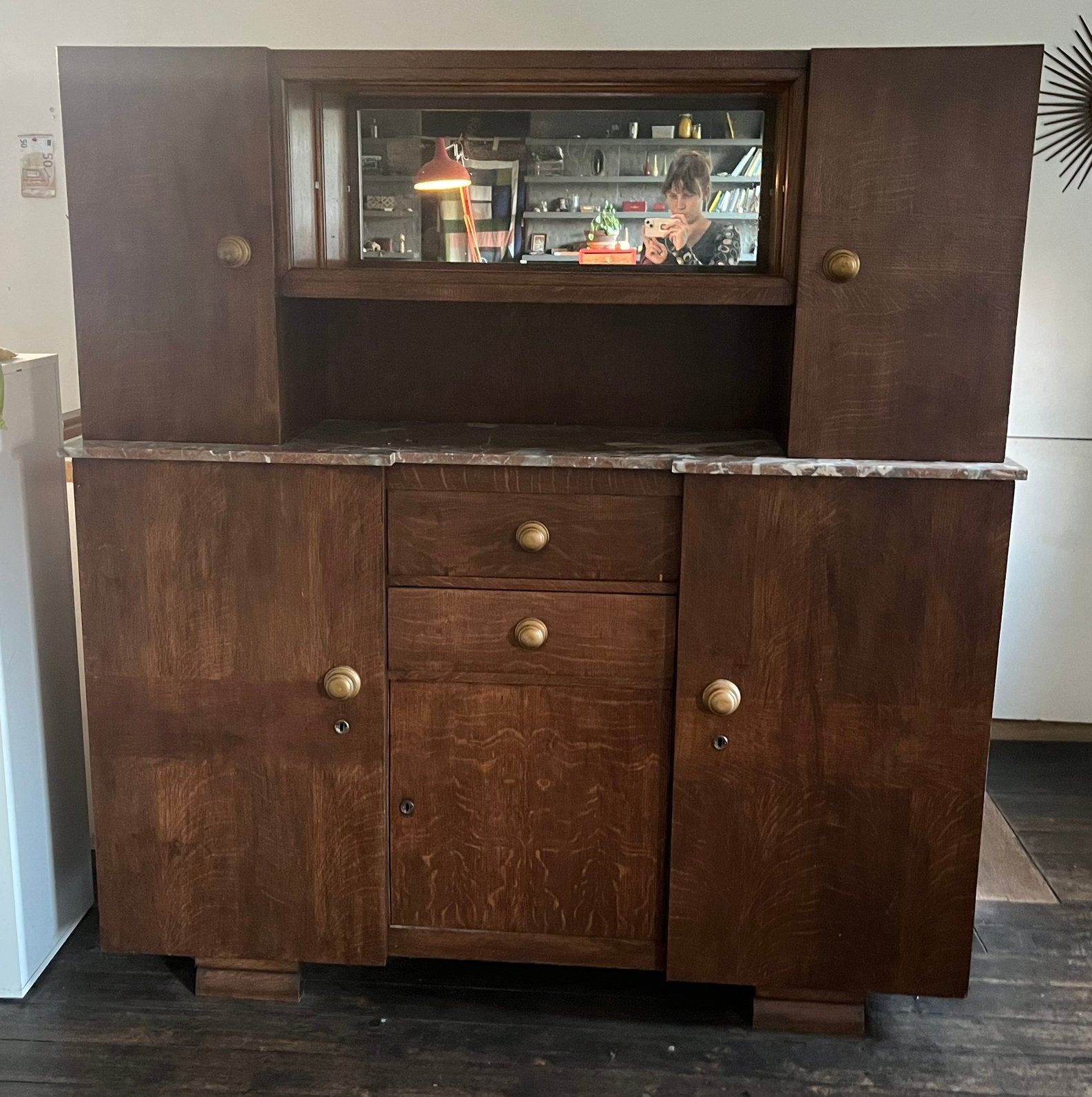 antieke eikenhouten Art Deco buffetkast met marmeren blad, Enlèvement