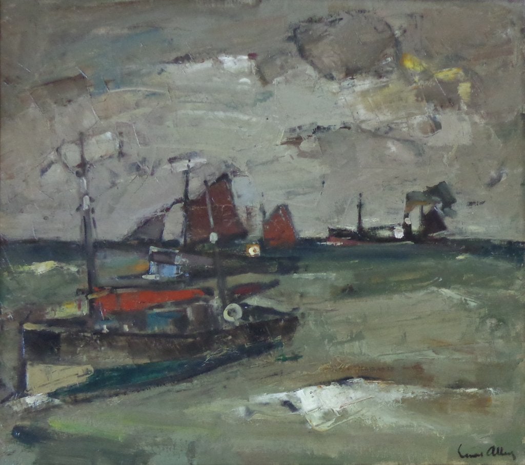 ERNEST ALBERT / BOTEN / OLIEVERF DOEK / 96x106cm / KADER SIG, Antiquités & Art, Expressionniste, Enlèvement, Toile, Maritime / eau
