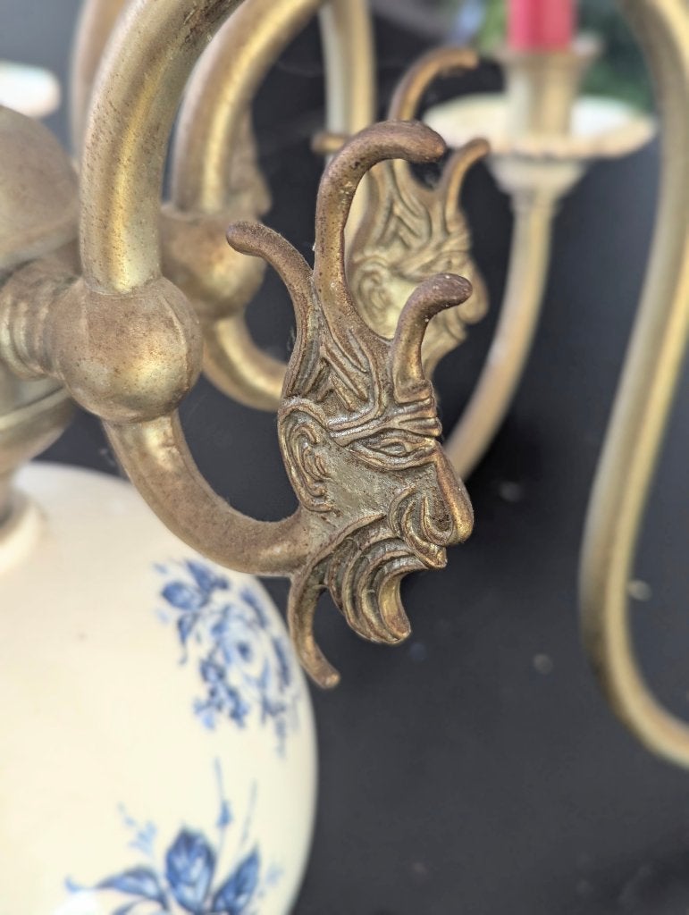 lustreLustre vintage céramique bleu et blanc & métal doré, Maison & Meubles, Enlèvement, Utilisé, Céramique