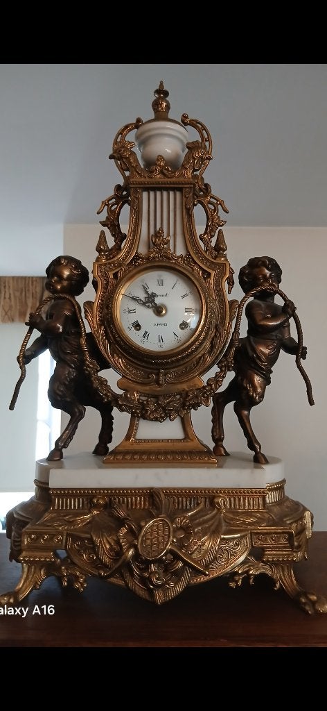 Groot driedelig antiek schouwgarnituur brons & Marmer, Antiek en Kunst, Ophalen of Verzenden