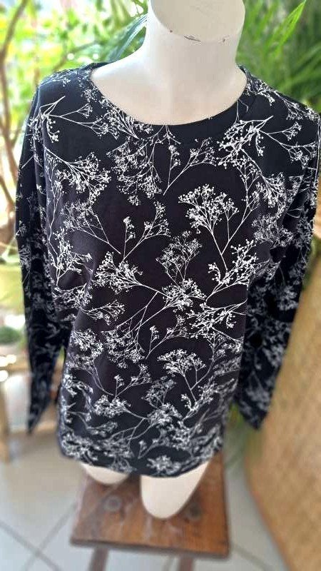 natuurlijk zwart wit bloemen blouse T-shirt, Vintage Dressing, Wit, Maat 42/44 (L), Nieuw