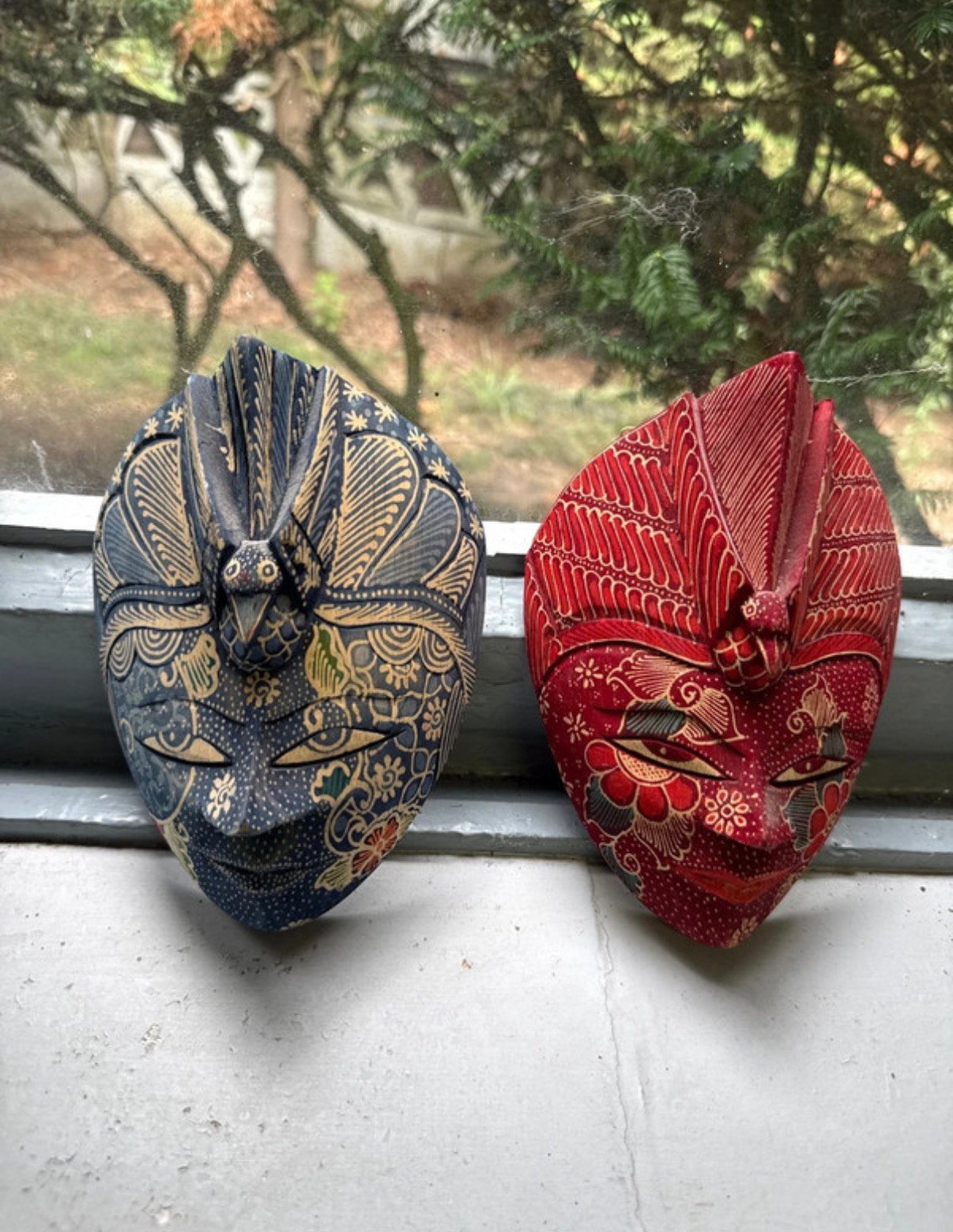 Duo de masques en bois légers fabriqués à la main en Indonés, Enlèvement, Objet, Bleu, Fait main