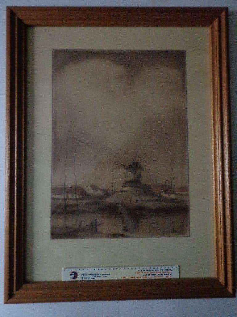 sfeervol polderlandschap met molen van Remi De Pillecyn, Antiek en Kunst, Ophalen, Foto, Achter glas