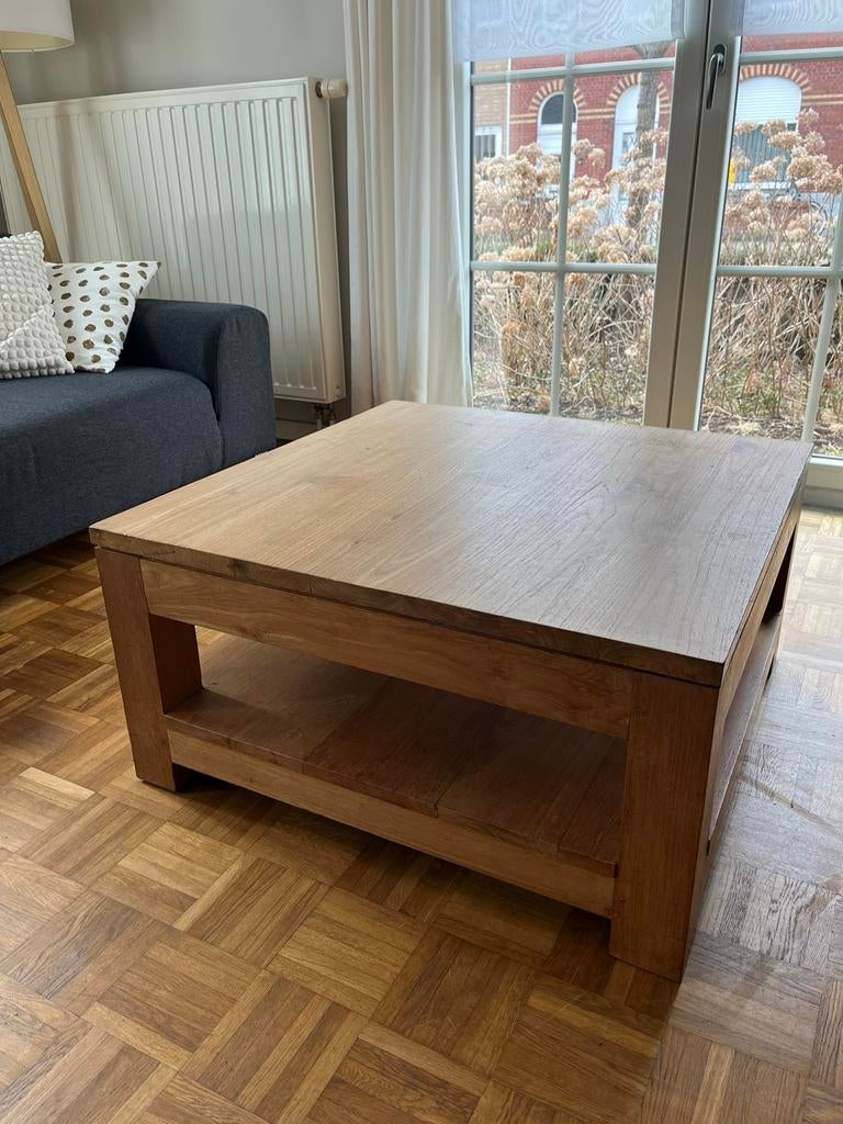 Mooie salontafel in massief hout teak, 80x80cm, Ophalen, Zo goed als nieuw