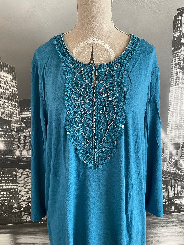 olieblauw T-shirt met strass - 48/50 - 3/4 mouw, Maat 46/48 (XL) of groter, Zo goed als nieuw, Lange mouw, Verzenden