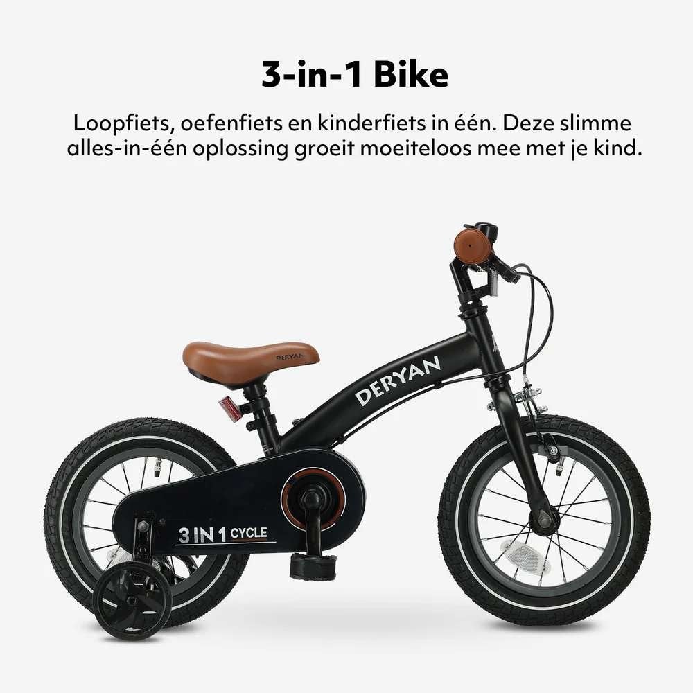Deryan Luxe Kinderfiets 12 inch - 3 in 1 - loopfiets - Zwart, Zijwieltjes, Deryan, Velgrem, Ophalen of Verzenden