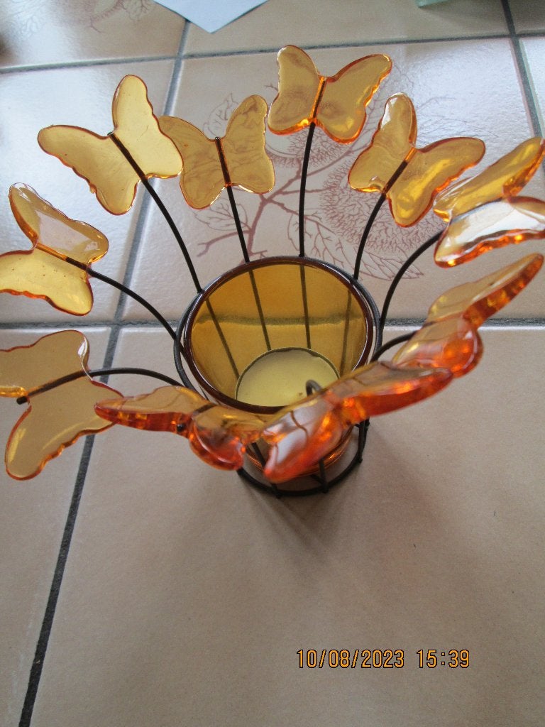 Bougeoir en fer avec papillons orange, Bougeoir pour bougie chauffe-plat, Autres marques, Comme neuf, Verre