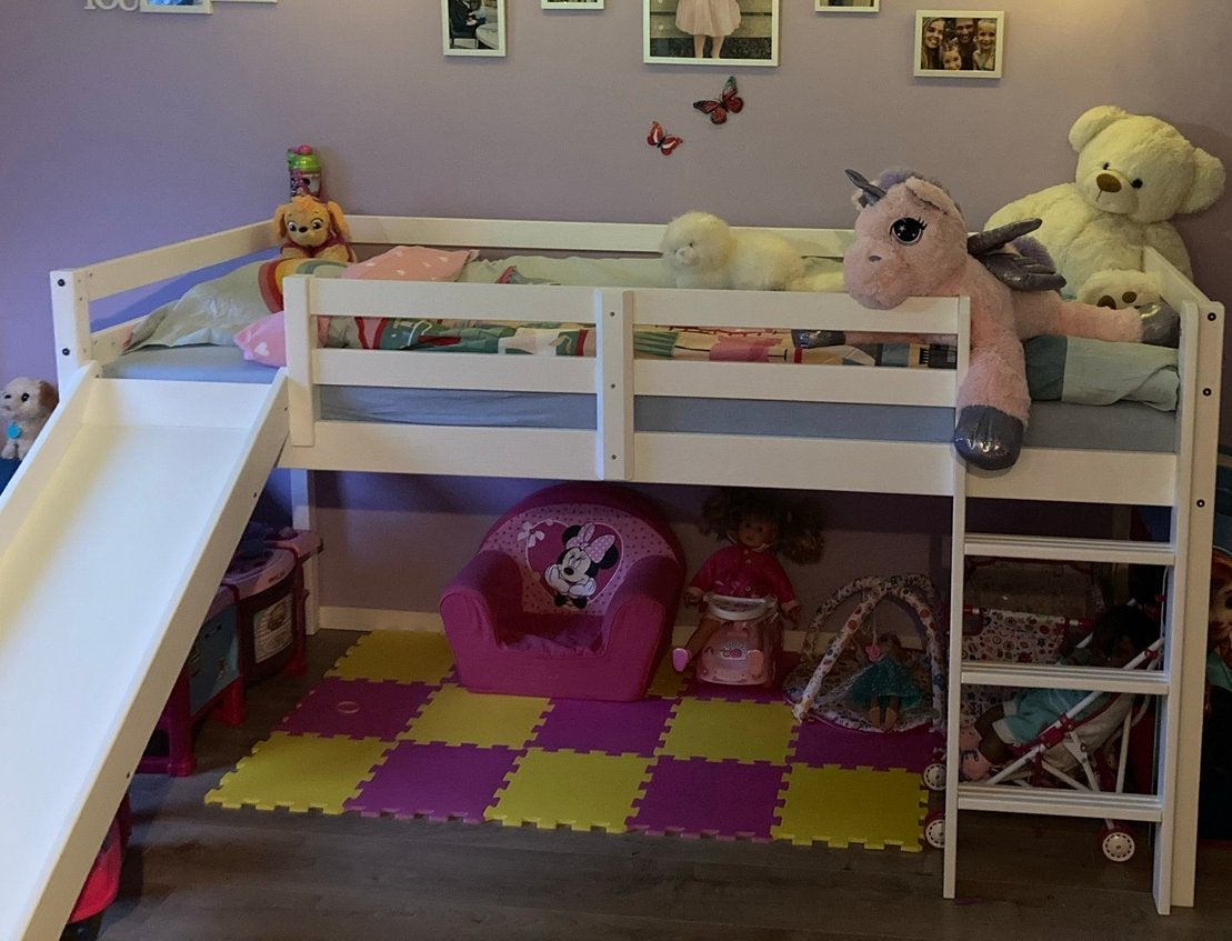 Hoogslaper met glijbaan en 3deurs kast., Ophalen, Zo goed als nieuw, Halfhoogslaper
