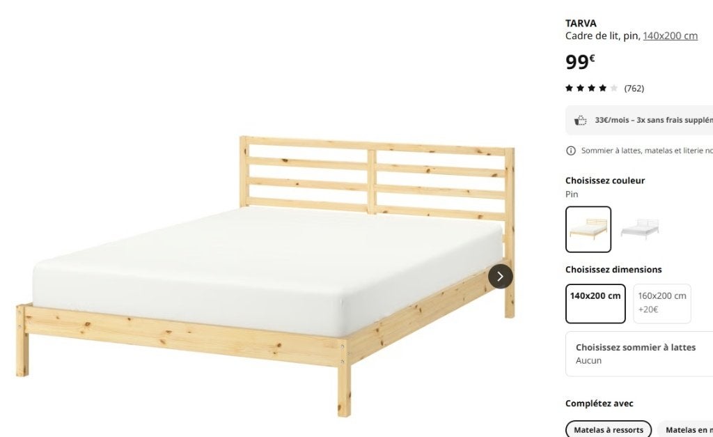 Cadre de lit TARVA et sommier LÖNSET IKEA, Maison & Meubles, Pin, Autres couleurs, 140 cm, Enlèvement