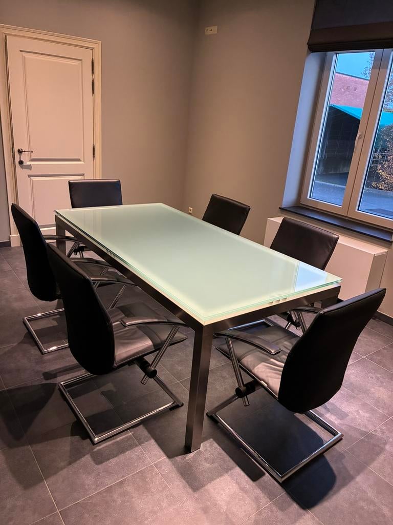 eetkamer tafel inox/ glas en stoelen leder /Chroom, 150 à 200 cm, Cinq personnes ou plus, Comme neuf, Verre