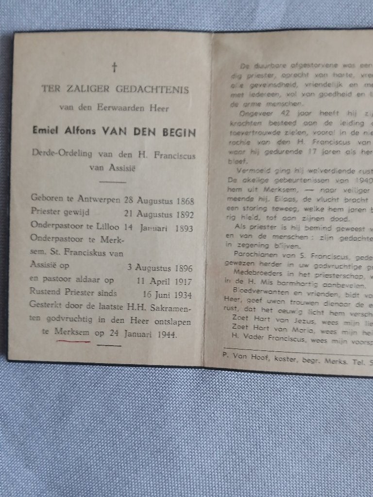 pastoor merksem overl 1944, Verzenden, Bidprentje