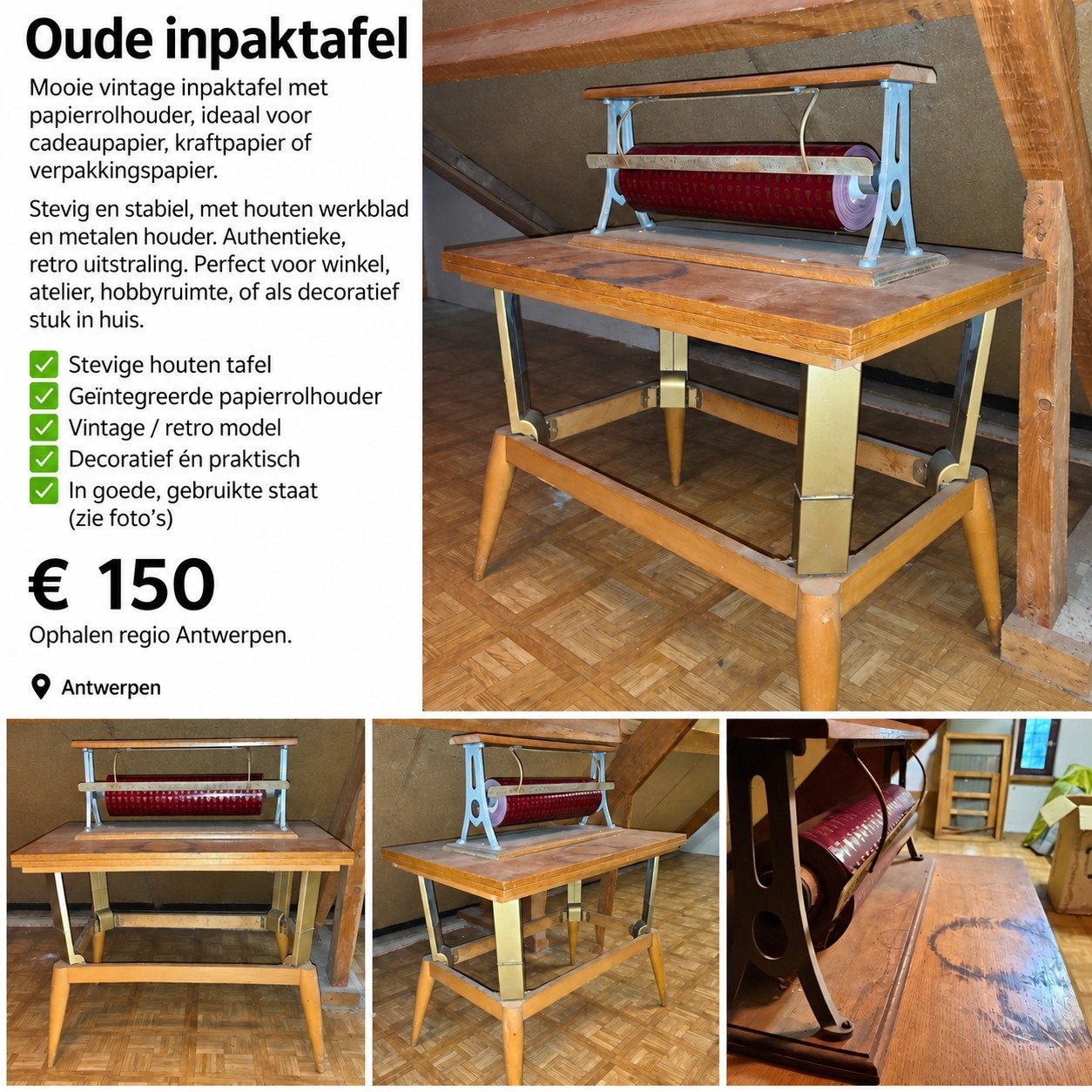Oude vintage inpaktafel met papierrolhouder, Ophalen