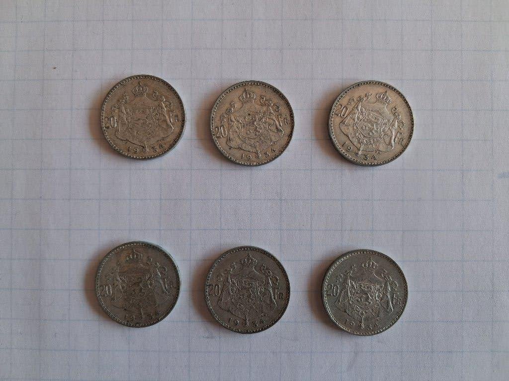 Belgique 6 x 20 francs 1934 argent, Timbres & Monnaies, Enlèvement ou Envoi, Argent, Série, Argent