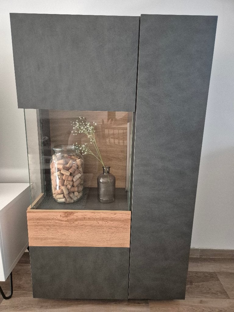 Meubella - Vitrinekast Sublime - Grijs - Eiken, Ophalen, Met deur(en), 100 tot 150 cm, Eikenhout