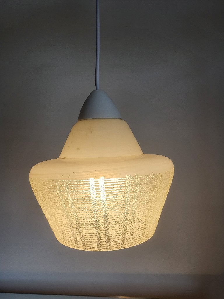 Vintage glazen hanglamp, wit met reliëfstructuur, jaren 80, Ophalen of Verzenden