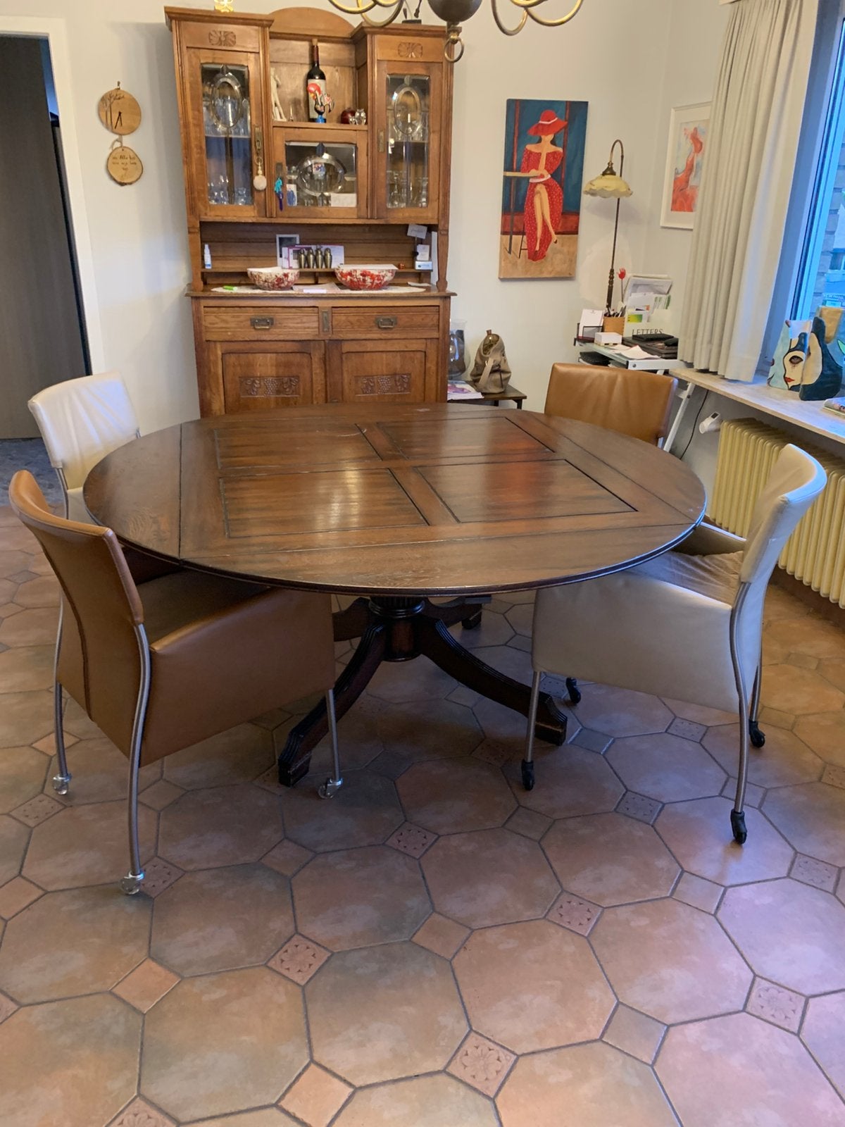 Cirkante tafel verstelbaar naar ovaal en rond, Huis en Inrichting, Tafels | Eettafels, Ophalen, Gebruikt, Vijf personen of meer