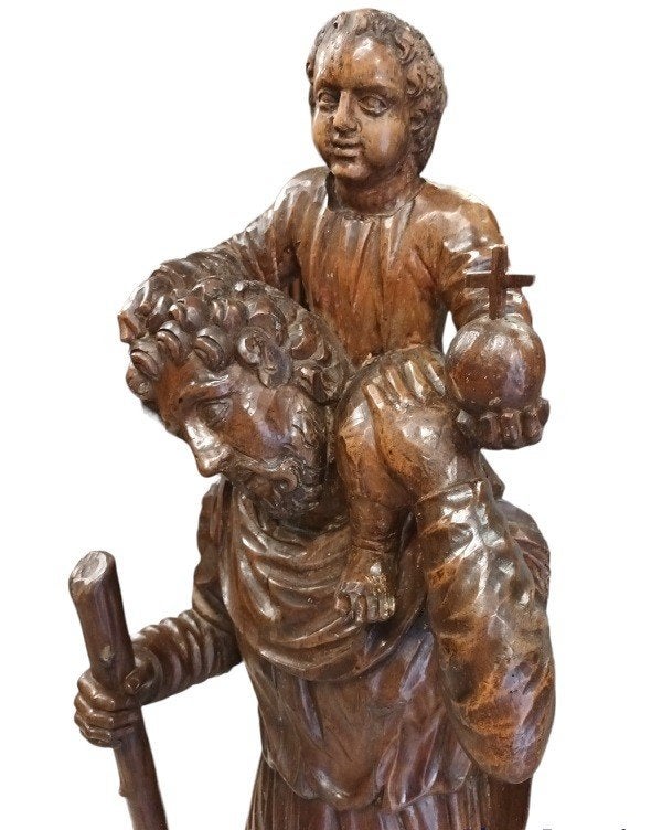 17de eeuwse "heilige Christoffel" beeld in walnoot, Ophalen, 1 meter - 2 meter, Beeld, Hout