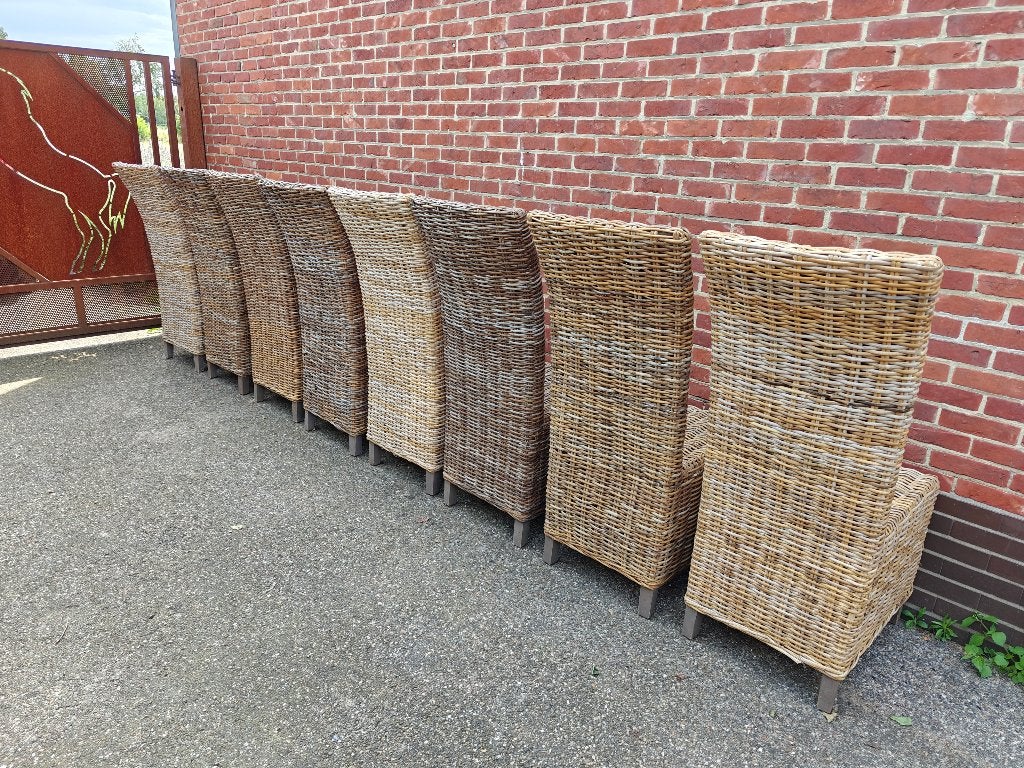 8 stevige, rieten stoelen met hoge rugleuning, Huis en Inrichting, Stoelen, Ophalen, Gebruikt, Overige kleuren, Hout