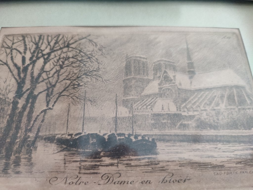 gravure/tekening Notre Dame en hiver, Antiek en Kunst, Kunst | Schilderijen | Klassiek, Ophalen, Tekening, Klassiek, Achter glas