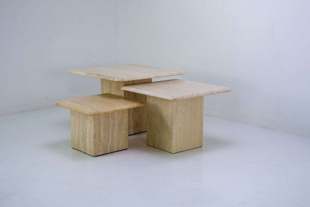 Ensemble de 3 tables basses gigognes vintage en travertin, Enlèvement, Comme neuf, Autres matériaux, Mid-century