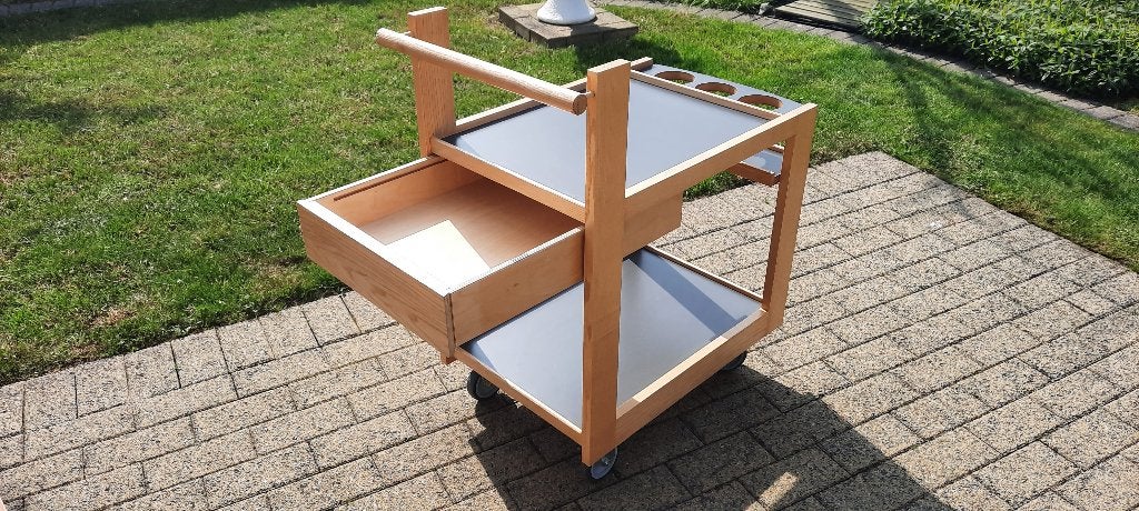 Serveerboy met lade en flessenhouder voor 3 (wijn)flessen., Ophalen, Zo goed als nieuw, Rechthoekig, Hout