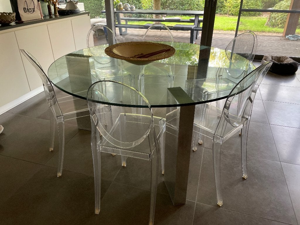 Ronde design eettafel (glas) (Porro), Huis en Inrichting, Ophalen, Gebruikt, 150 tot 200 cm, Rond
