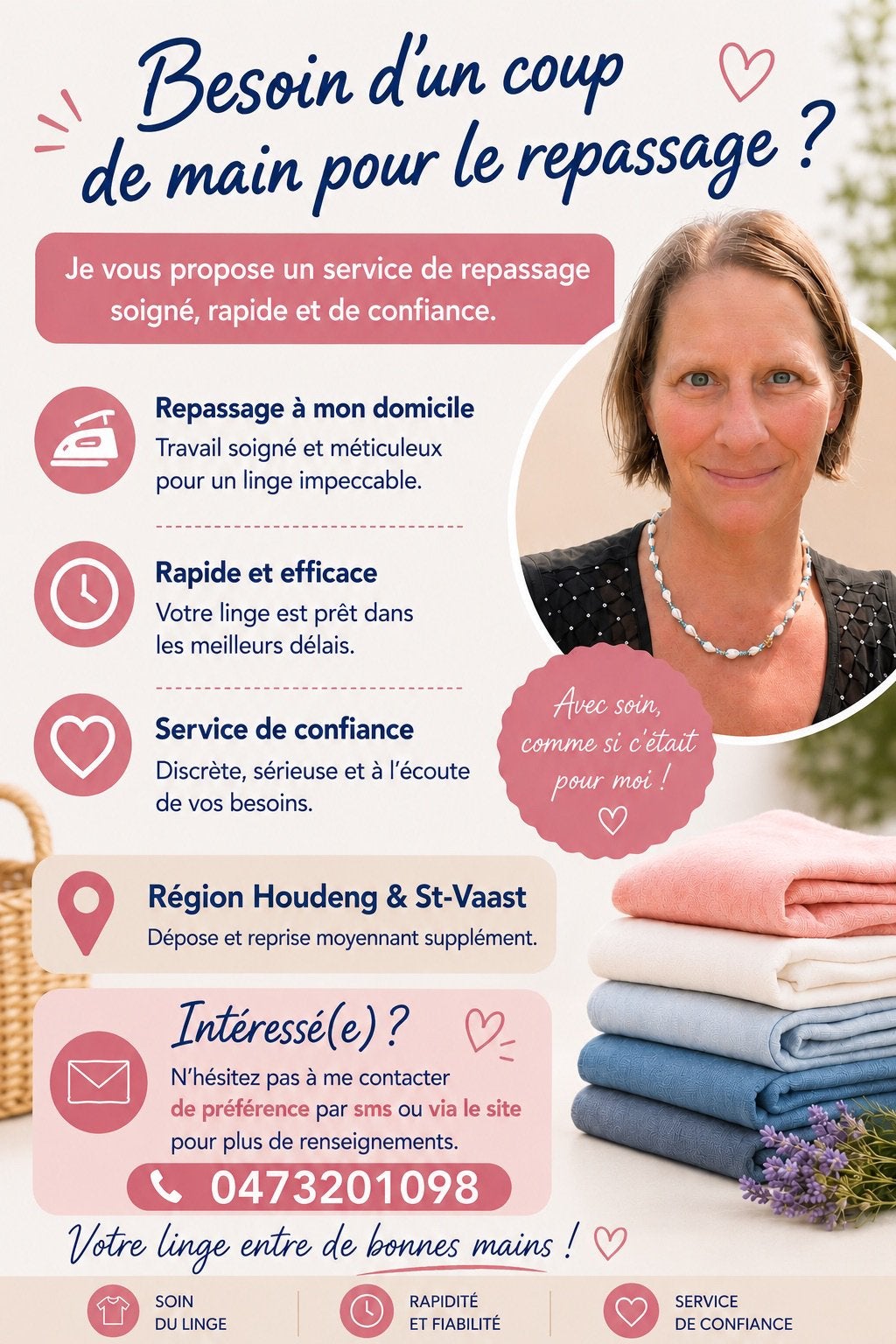 Je vous offre mes services repassage à St-Vaast Houdeng, Ophalen, Zo goed als nieuw