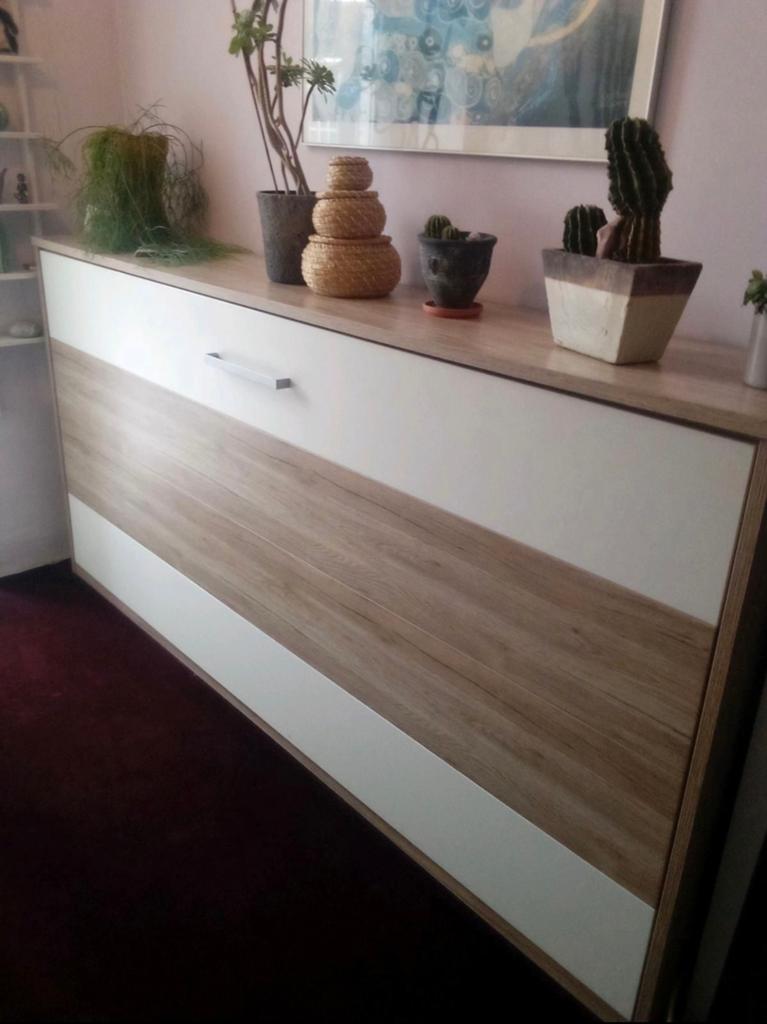 Bedkast / klapbed wit-eik, Huis en Inrichting, Slaapkamer | Bedden, Zo goed als nieuw, 200 cm, Wit, Ophalen