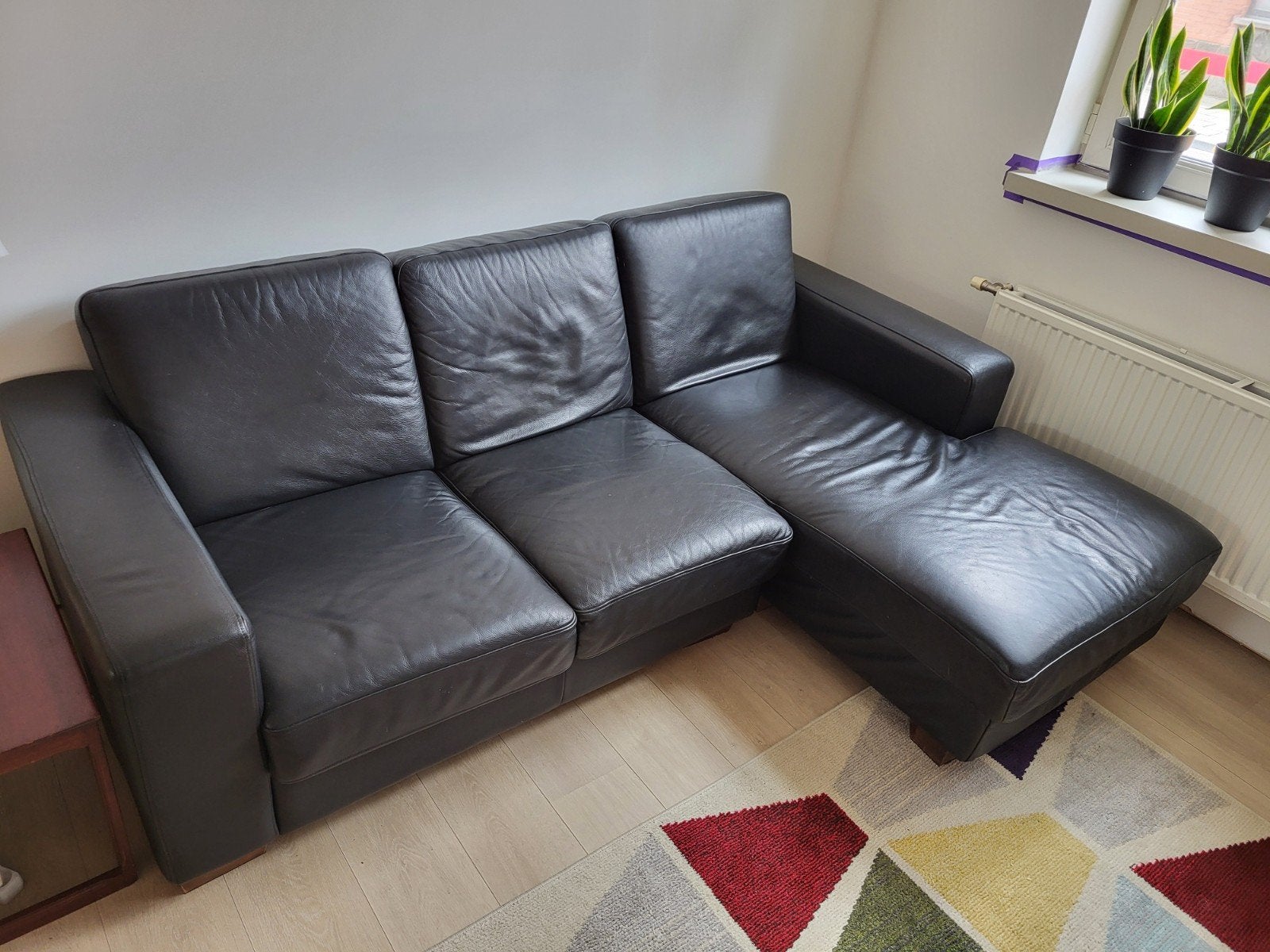Zwart lederen hoeksalon, Huis en Inrichting, Ophalen, Gebruikt, Leer, Modern