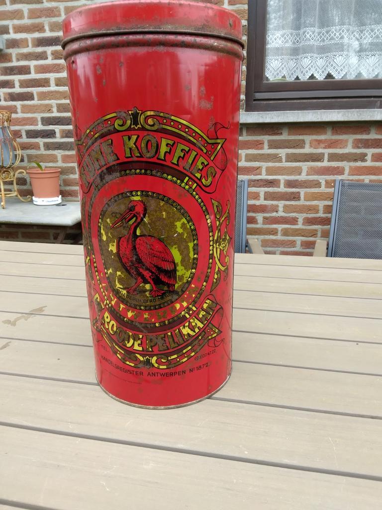 Groot koffieblik  van de roode  pelikaan, Verzamelen, Blikken, Ophalen, Koffie