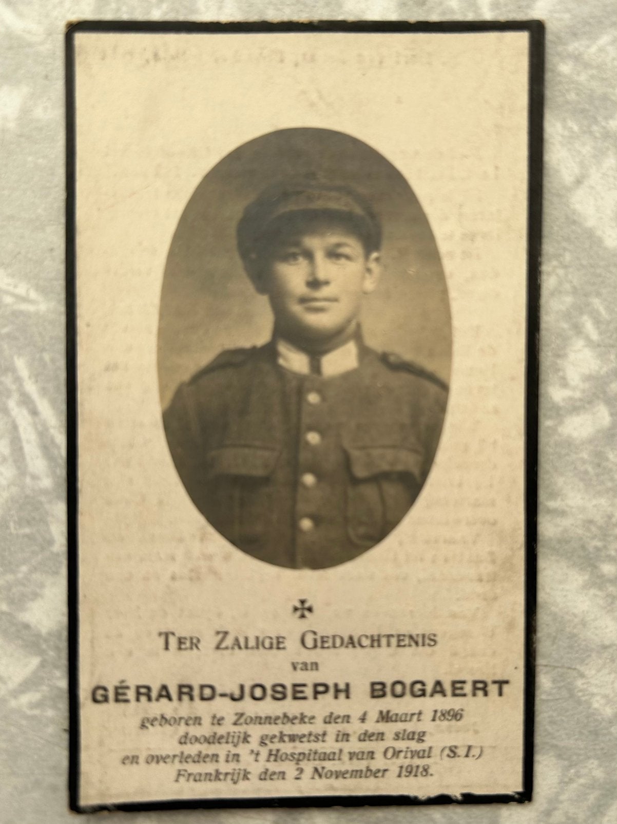 1918 : SOLDAT Gérard BOGAERT, né à Zonnebeke, Enlèvement ou Envoi