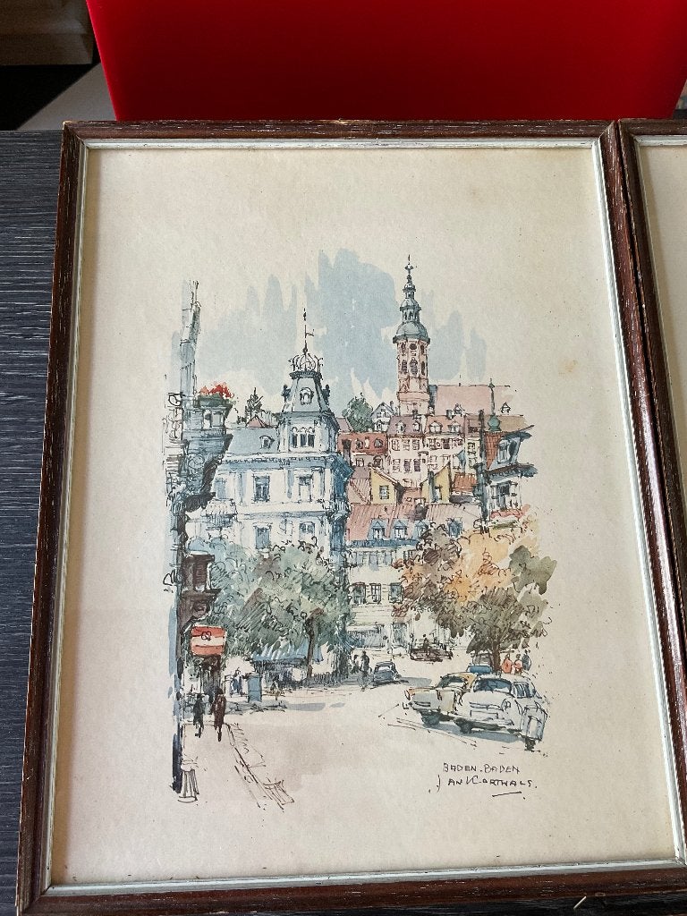 3 x aquarel Jan Korthals kader met glas, Antiek en Kunst, Ophalen of Verzenden, Achter glas, Aquarel, Stads- / dorpsgezicht