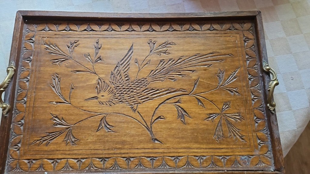 dienblad antiek van hout bewerkt 44 bij 29 cm, Ophalen of Verzenden, Zo goed als nieuw, Rechthoekig, Hout