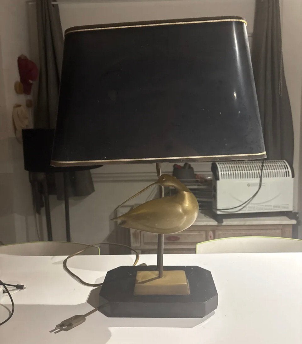 Vintage koperen tafellamp met wulpvogel, Ophalen, Zo goed als nieuw, Vintage