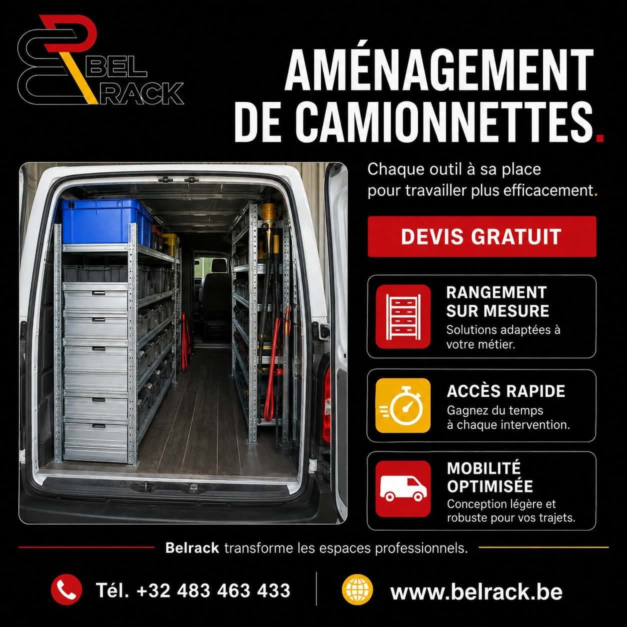 Plus de place dans votre camionnette ? Devis gratuit WhatsAp, Enlèvement ou Envoi, BELRACK, Info@belrack.com, Belgique