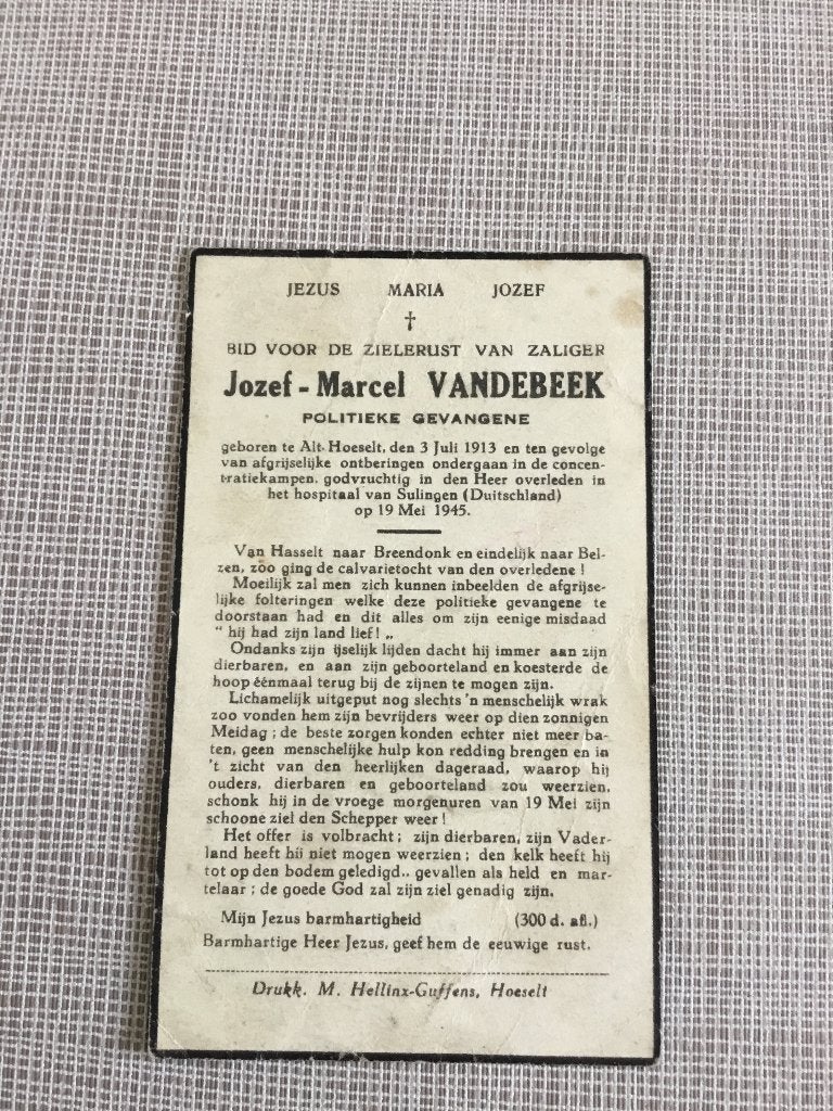 Victime de guerre J.Vandebeek Alt-Hoeselt +1945 Allemagne, Collections, Enlèvement ou Envoi, Image pieuse