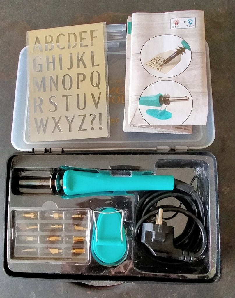 Houtbrander / pyrografie set met 12 opzetstukken + sjabloon, Ophalen, Zo goed als nieuw, Hout