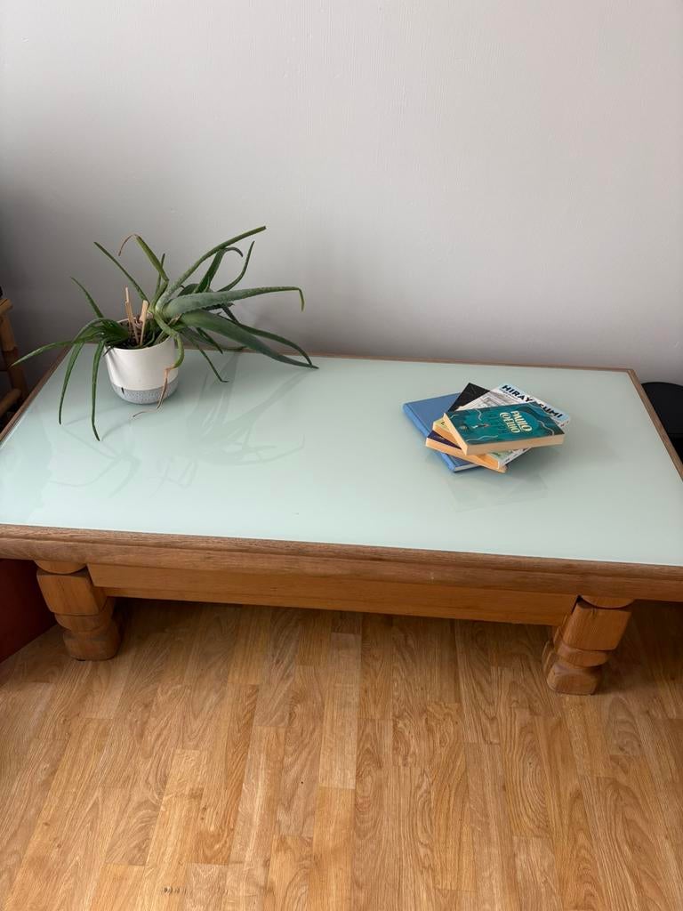 Table basse vintage bois massif + verre blanc –, Maison & Meubles, 100 à 150 cm, Chêne, Moins de 50 cm, Vintage
