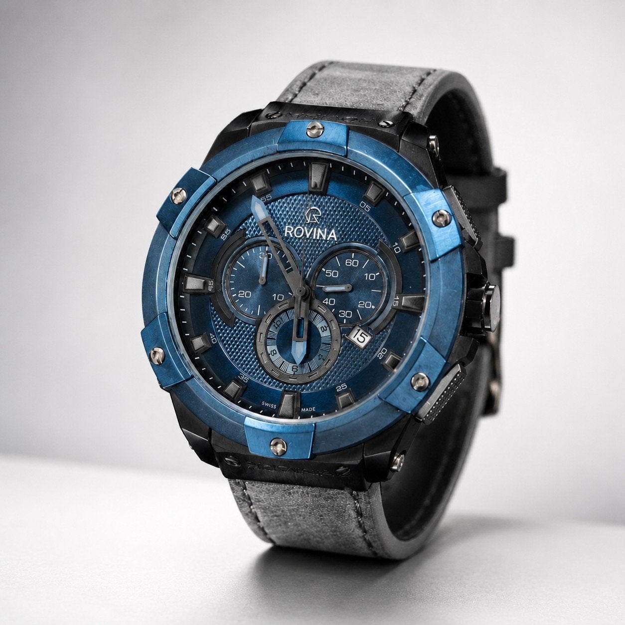 Rovina Swiss Made — chronograaf — blauwe wijzerplaat, Ophalen of Verzenden, Zo goed als nieuw, Blauw
