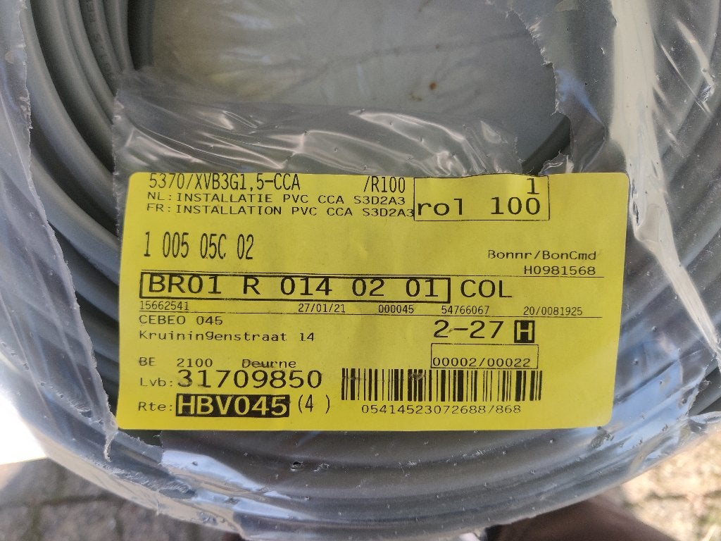 installatiekabel PVC XVB 3G1,5, Ophalen of Verzenden, Nieuw, Kabel of Snoer