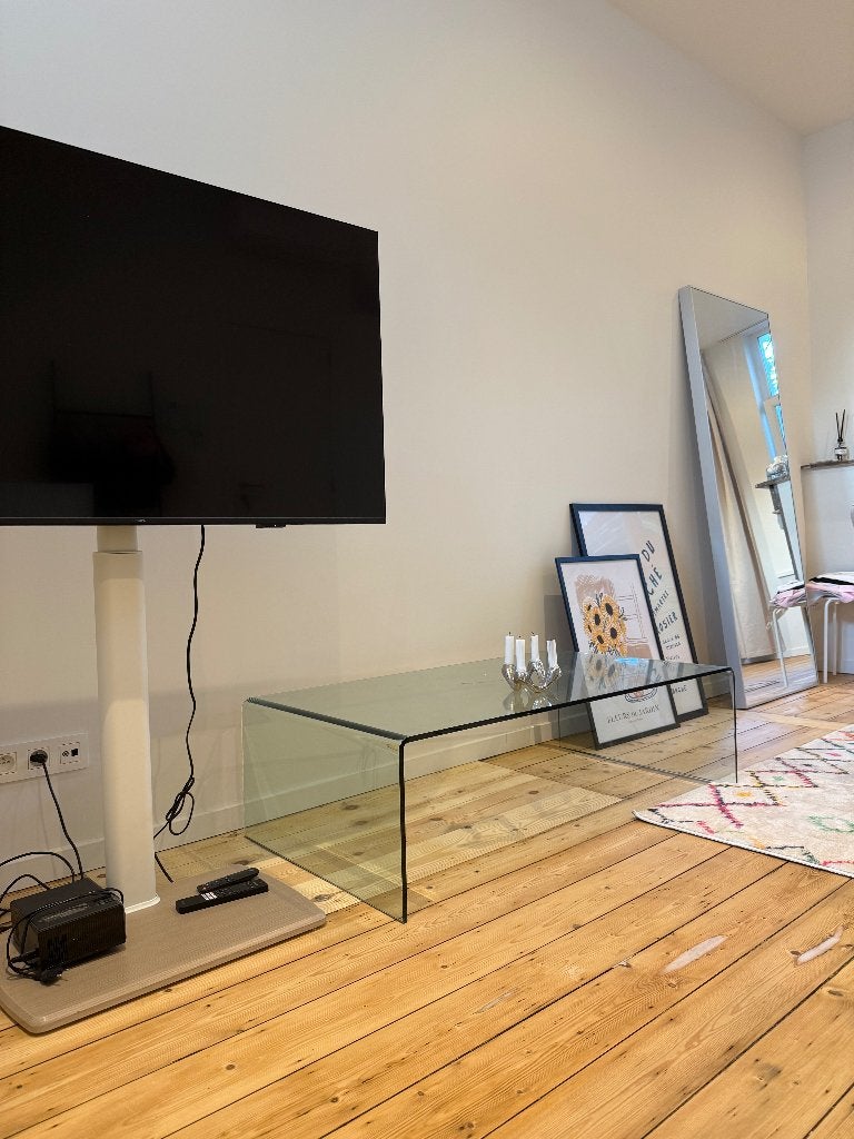 Glazen tafel (salon), Huis en Inrichting, Tafels | Sidetables, Ophalen, Zo goed als nieuw, Glas