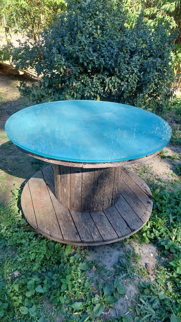 Grote Kabelhaspeltafel met glazen top, Ophalen, Gebruikt, Rond, Hout
