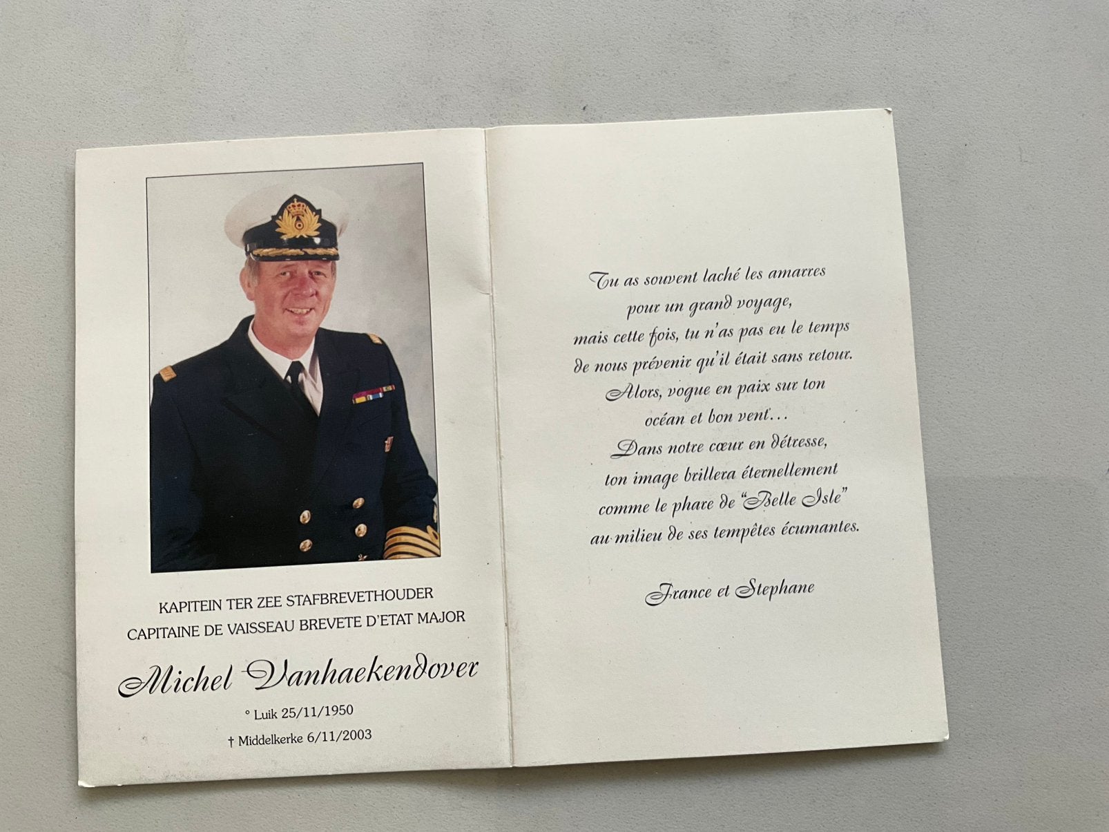 Militair Bidprentje Kapitein-ter-zee Michel Vanhaekendover, Verzamelen, Ophalen of Verzenden, Bidprentje